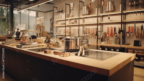 A store dedicated to kitchen gadgets, with a counter for demonstrations of the latest culinary tools. photo