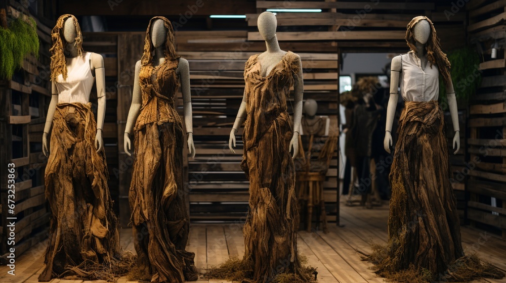 A sustainable fashion store with garments made from recycled materials, displayed on mannequins of reclaimed wood.