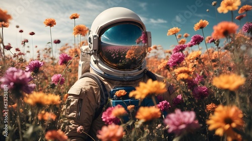 Creative astronaut in the flowers garden. An astronaut in flower. Ai ganerated image photo