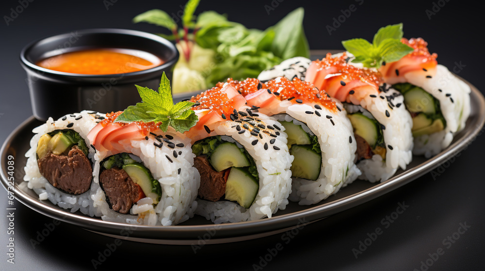 Kimbap - Rice Rolls Filled with Vegetables Meat and Pickled Radish Similar to Sushi Rolls on Blurred Background Kimbap - Rice Rolls Filled with Vegetables Meat and Pickled Radish Similar to Sushi Rolls on Blurred Background
