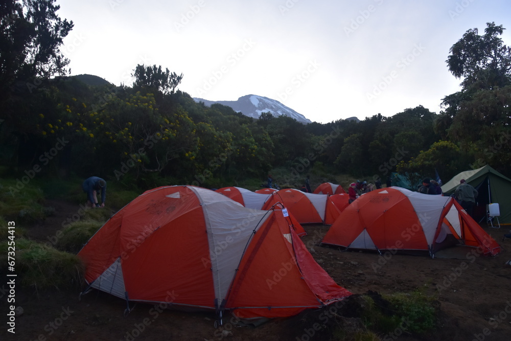 Tent Camping with amazing views while trekking the Machame Route on Mount Kilimanjaro, Tanzania
