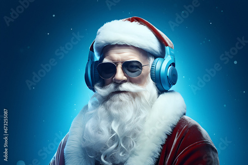 grandfather music headphones  Santa listening music  tall man in headphones plays drive music  plain background