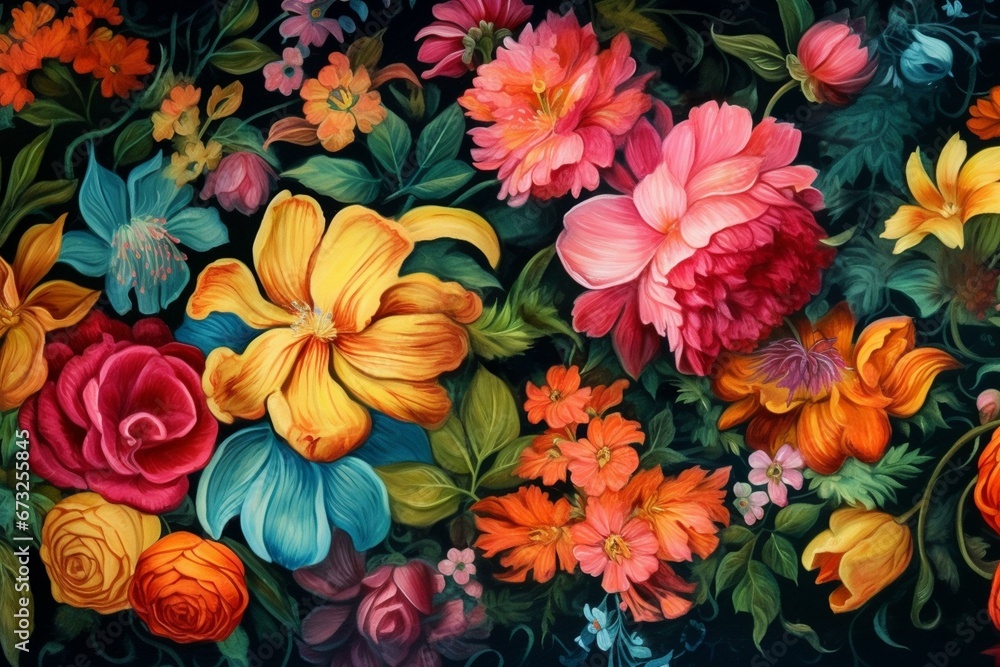 Colorful floral painting, repeating design on dark backdrop. Generative AI