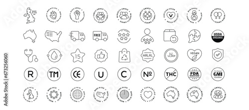 Origin and Regulatory Icons. Includes Made in USA, UK, EU, Australia symbols, and regulatory compliance icons for global standards and transparency.