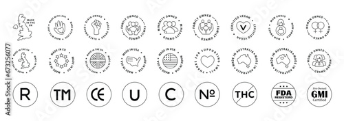 Origin and Regulatory Icons. Includes Made in USA, UK, EU, Australia symbols, and regulatory compliance icons for global standards and transparency