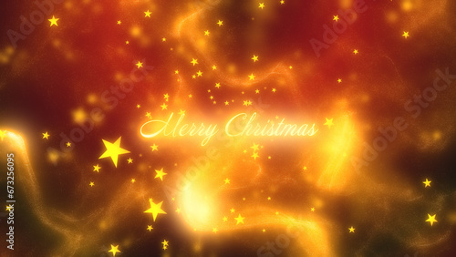 Merry Christmas greeting surrounded by gold particles with glowing gold stars falling from red and black gradient background.