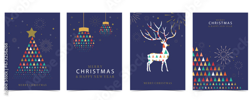 Christmas geometric background with christmas tree,reindeer.Editable vector illustration for postcard,a4 size