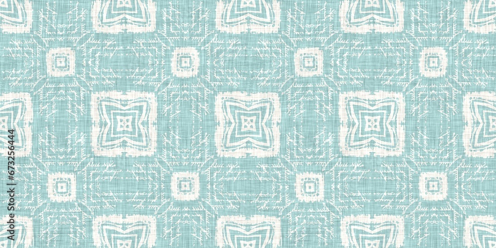 Obraz premium Aqua teal blue white vibrant watercolor batik azulejos tile border banner background. Seamless coastal blur linen effect geometric mosaic effect.Boho Patchwork nautical masculine summer ribbon trim. 