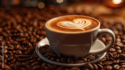 Close Up of Cup of Cappuccino Coffee Drawn with a Heart on Selective Focus Background