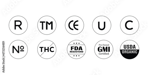 Regulatory Icons Set Includes R, TM, CE, U, C, NO, THC, FDA, USDA Approved symbols for compliance and credibility.