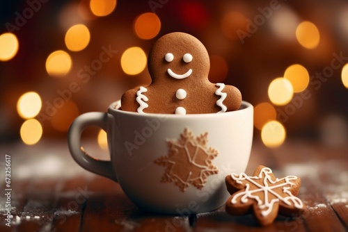 AI generated illustration of A gingerbread man sitting in a mug of hot chocolate