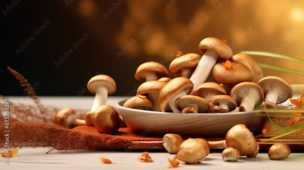 Group of Mushrooms in Bowl with Copy Space Background Selective Focus Group of Mushrooms in Bowl with Copy Space Background Selective Focus