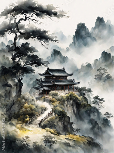 Watercolor print showcasing a Japanese style landscape featuring a serene and majestic mountains, stunning addition to home decor and design - generative ai