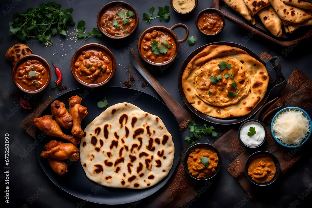 beans with meat, Naan roti and chicken makhani butter, Indian food