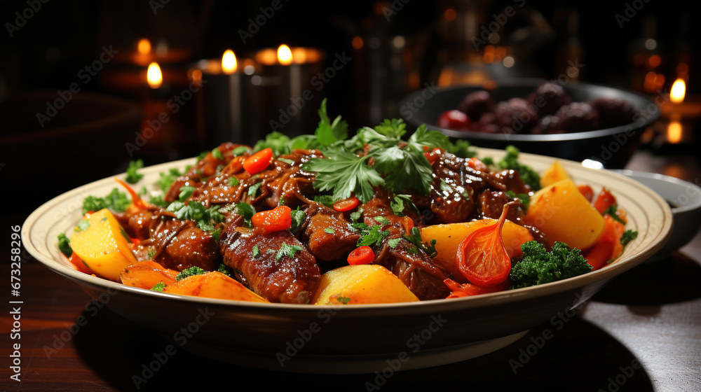 A Lamb Stew in a Thick Red Sauce with Carrots and Potatoes on Selective Focus Background A Lamb Stew in a Thick Red Sauce with Carrots and Potatoes on Selective Focus Background