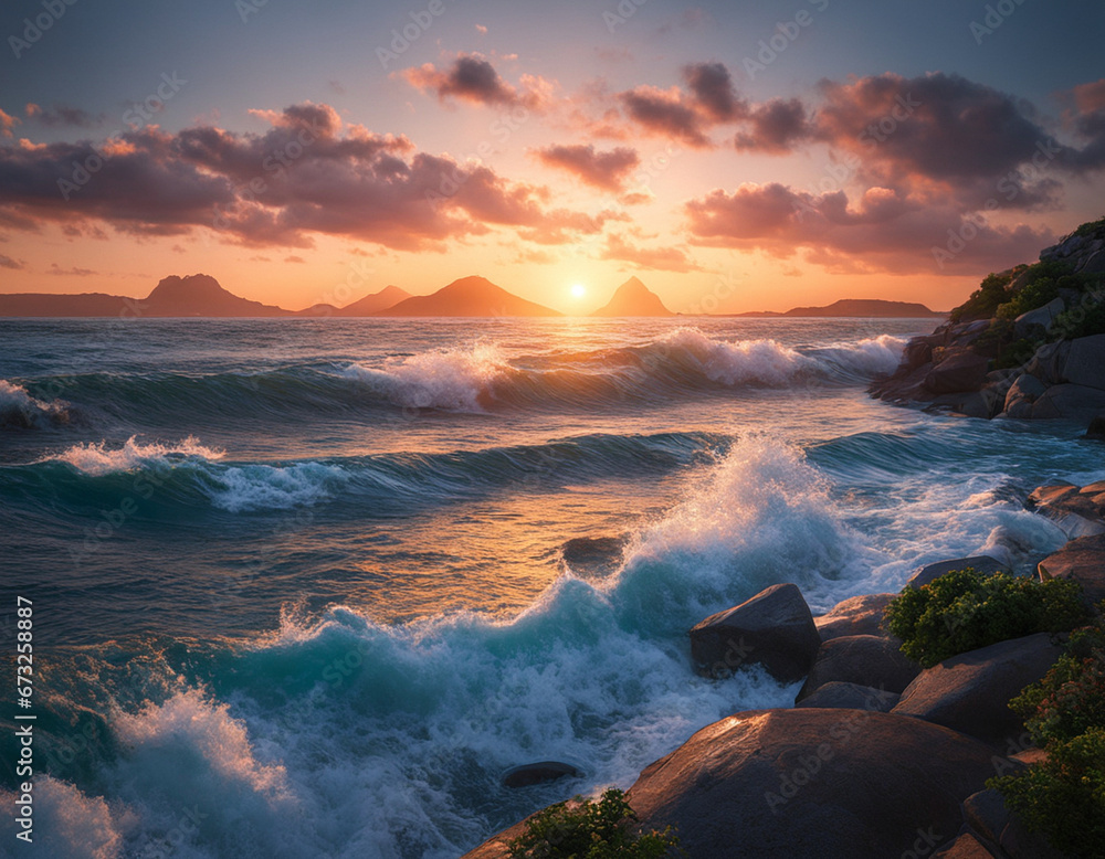 Beautiful sunset on the sea. Waves on a rocky shore
