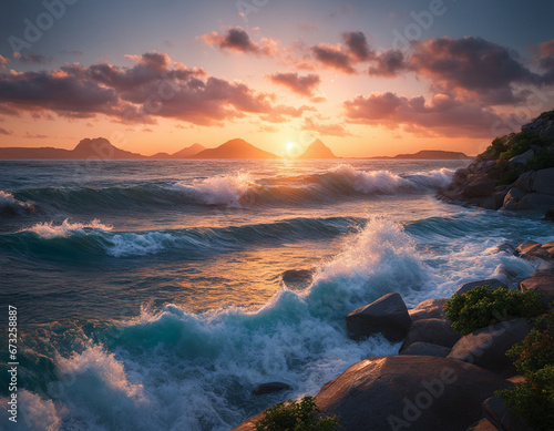 Beautiful sunset on the sea. Waves on a rocky shore