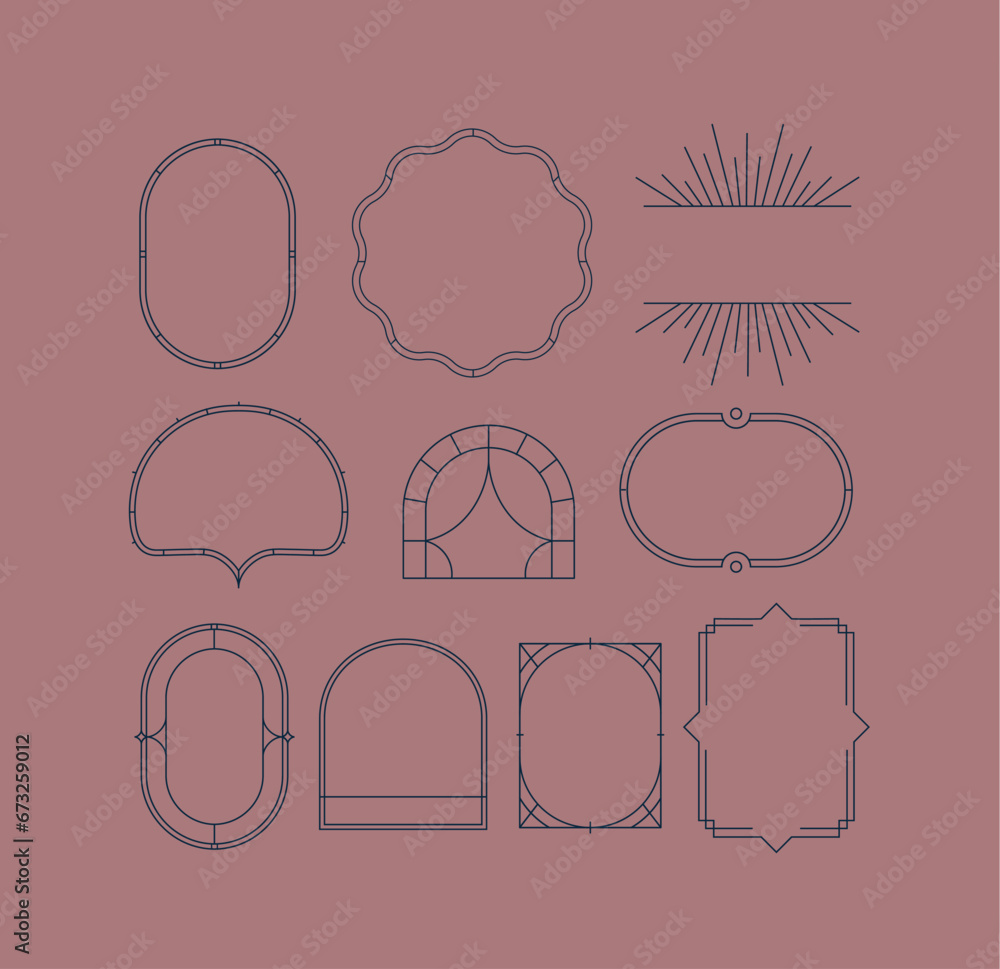 Art deco frames drawing in linear style on coral background.