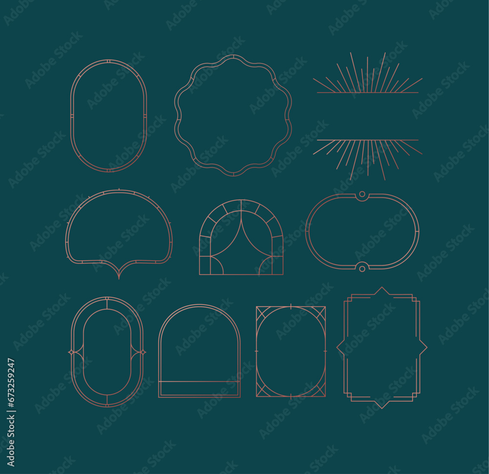 Art deco frames drawing in linear style on dark blue background.