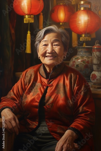 Beautiful aged asian woman portrait. AI generative