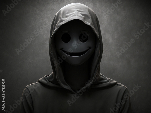 Person wearing hoodie and smile mask with dark grunge background.