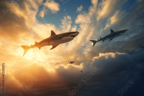 Sharks soaring above golden hour sky with bright sunlight and blue clouds. Generative AI
