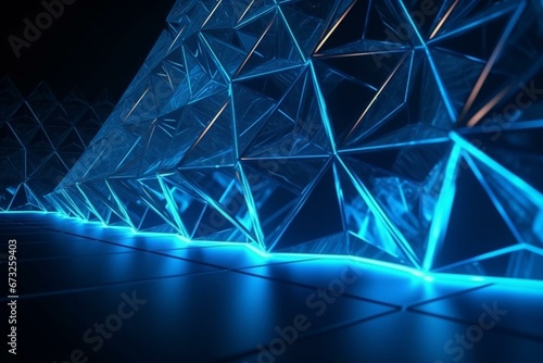 Blue polygonal surface with tetrahedrons glowing in neon. High-tech, 3D wallpaper. Generative AI photo