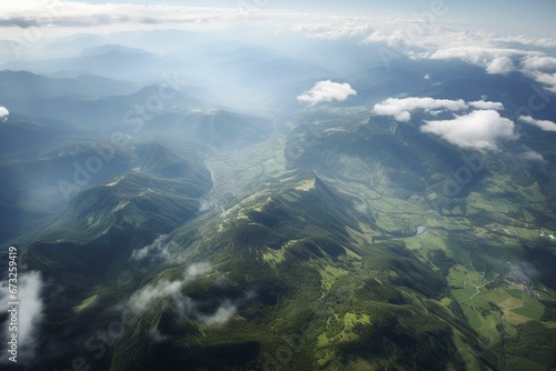 Bird's-eye view of mountainous terrain and meadow, seen through clouds in high definition. Generative AI