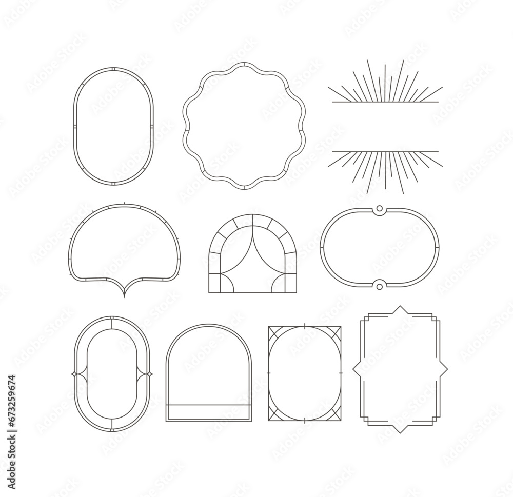 Art deco frames drawing in linear style on white background.