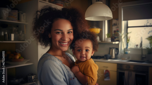 Beautiful african american woman with her baby at home.