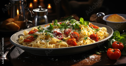 A Beautiful and Elegant Dish of Pasta with Tomato Sauce on Selective Focus Background