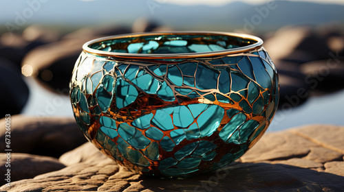 Colorful Kintsugi Bowl Gold Cracks Restoration on Old Japanese Pottery Restored Blurry Background © Image Lounge