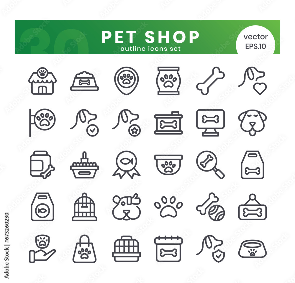 Set of pet shop icons. Outline style icon bundle. Vector Illustration