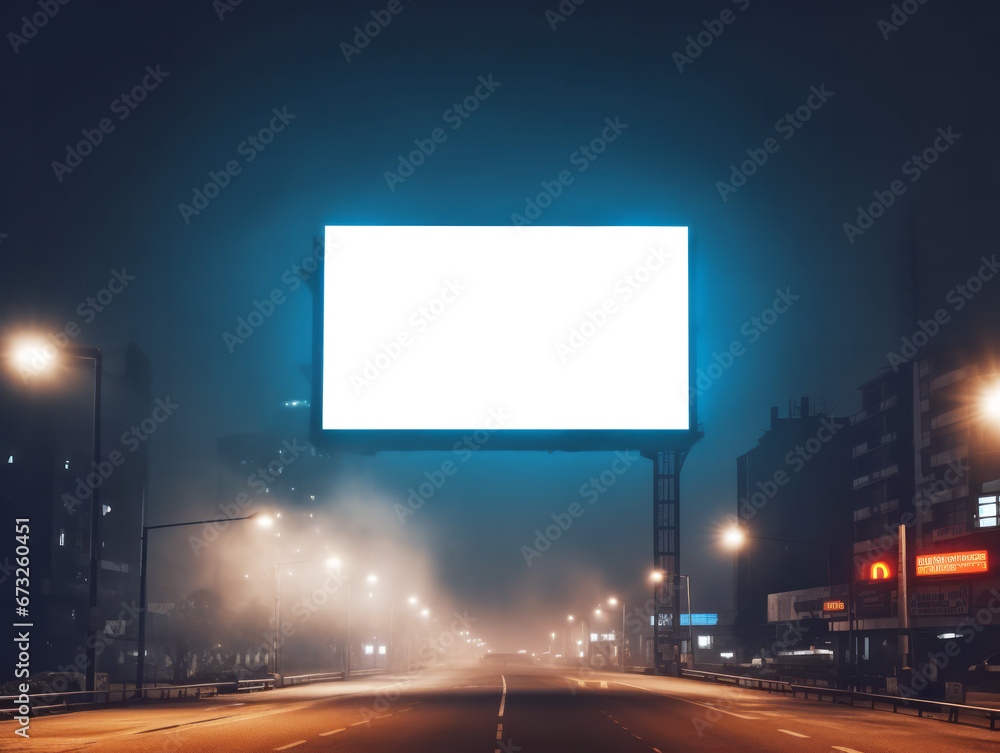 Blank billboard on road at night with fog and city lights. Generative AI Blank billboard on road at night with fog and city lights. Generative AI