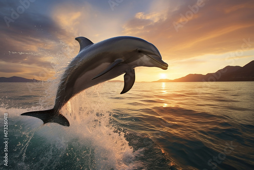 The two playful dolphins are jumping across the waves of the vast ocean at sunset  sunrise, morning. Generative AI. © Surachetsh