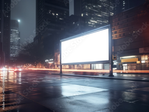 Blank billboard in the city at night. Generative AI