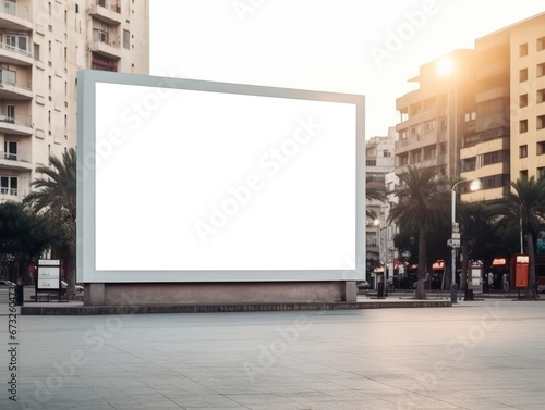 Blank billboard in the city at sunset. Mockup. Generative AI
