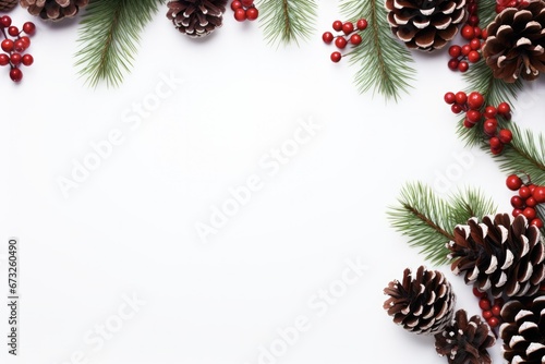 Festive Christmas Pine Cone Flat Lay Decoration. Winter Holiday Composition with Fir Tree Branches, Red Gaultheria Berries on White Wooden Background. Top View, Empty Copy Space.