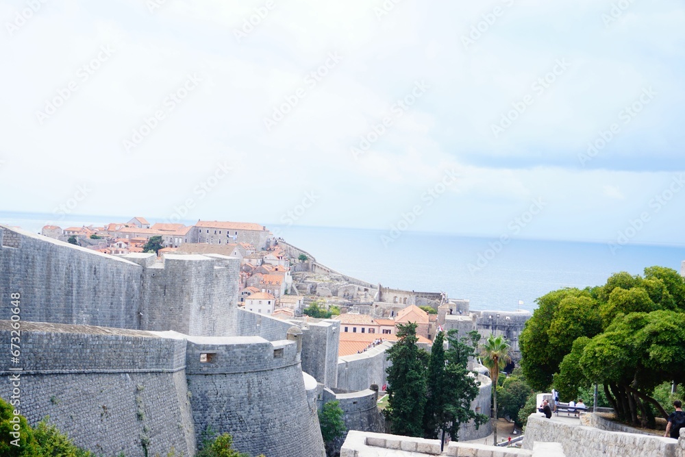 Historic city walls of Dubrovnik, Croatia, overlooking the stunning landscape of the city