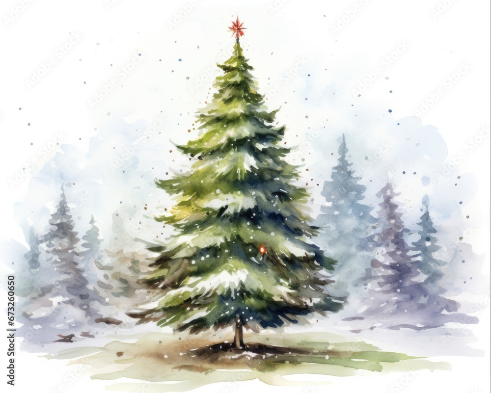 Watercolor Christmas Tree Illustration - Festive Fir in Vibrant Colors, Perfect for Holiday Celebrations