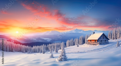Snow Cabin: A Stunning Winter Landscape with a Cozy Wooden House in Snowy Mountains. Experience the Serene Beauty of High Mountain Peaks in a Foggy Sunset Sky