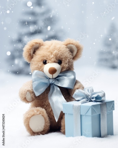 Teddy Bear Christmas: Cute Funny Bear with Christmas Gift on White Background © AIGen