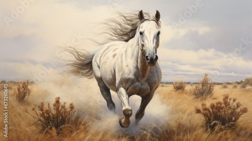 Painting of a horse running in the open grassland.