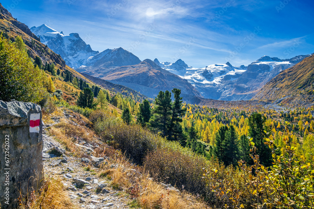 Wanderweg im herbstlichen Val Roseg, Pontresina, Engadin, Kanton Graubünden, Schweiz, - obrazy, fototapety, plakaty 