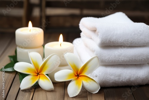 SPA composition - white towels  candles and frangipani flowers. AI generative