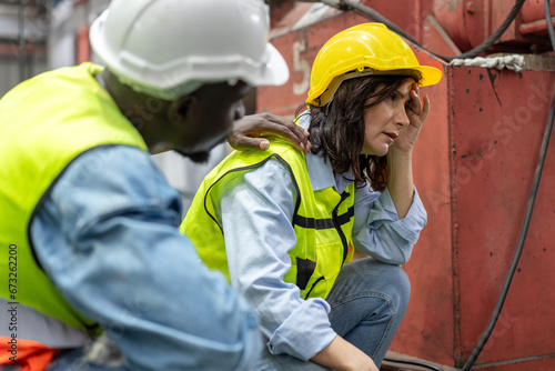 Εκτύπωση καμβά tired female worker has problem feeling sick after stressed work in manufacturin