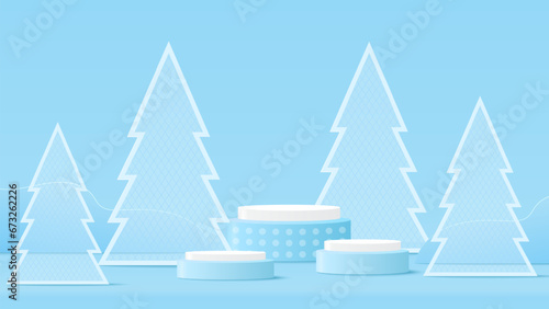 Podium platform and christmas tree on red background. Platform to show product for christmas. Happy new year. Merry Christmas banner