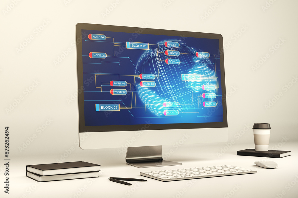 Computer monitor with abstract creative programming illustration and world map, big data and blockchain concept. 3D Rendering Computer monitor with abstract creative programming illustration and world map, big data and blockchain concept. 3D Rendering
