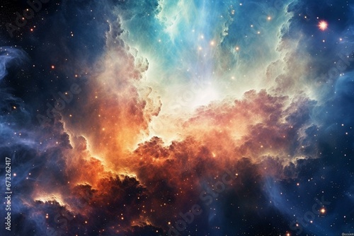 Astounding cosmic backdrop with a supernova explosion, vibrant star nebula, and a far-reaching galaxy. Captivating abstract artwork. Generative AI