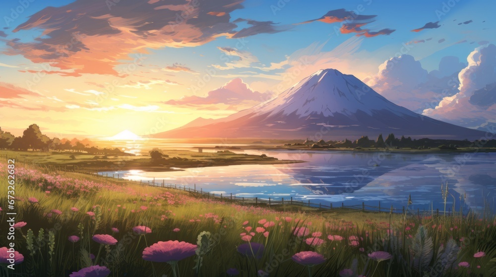 Beautiful landscape background. Cartoon summer sunrise with clouds, field and sunshine. Anime style Beautiful landscape background. Cartoon summer sunrise with clouds, field and sunshine. Anime style